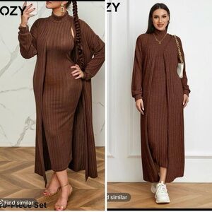 YOZY Brown Ribbed Maxi Dress & Cardigan Set sz Large